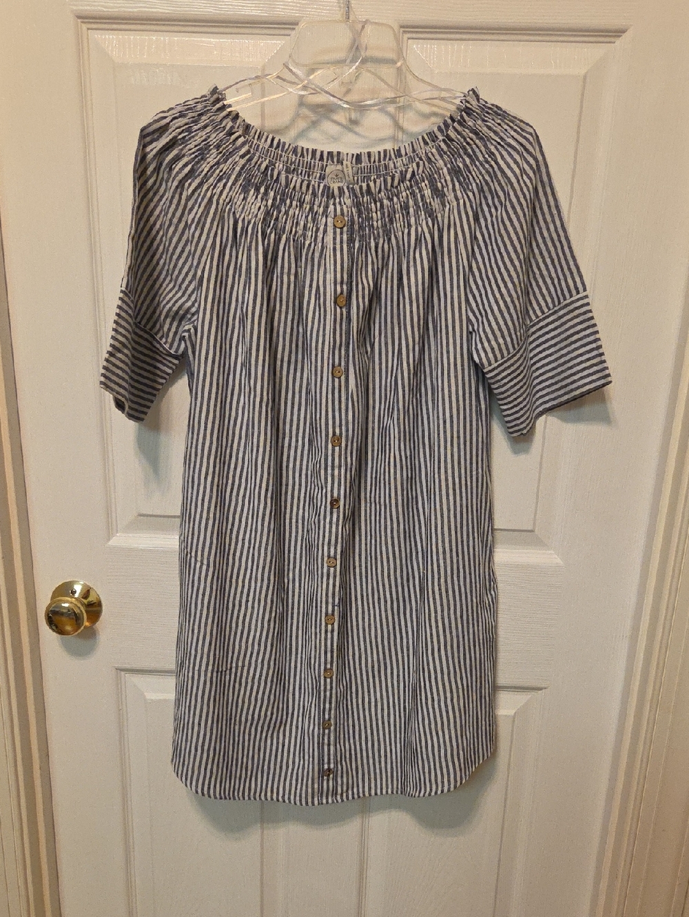 Striped Off-Shoulder Button-Front Dress - Blue and White